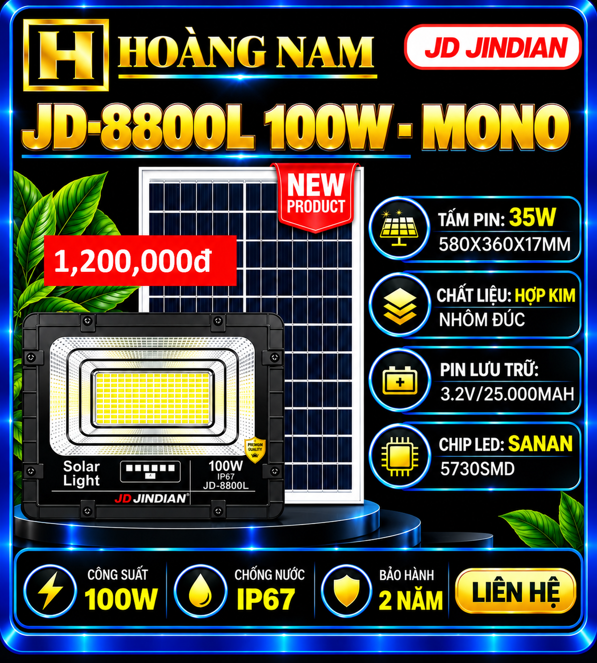 Đèn Năng Lượng Mặt Trời 100W Jindian JD-8800L All New. HÀNG XỊN