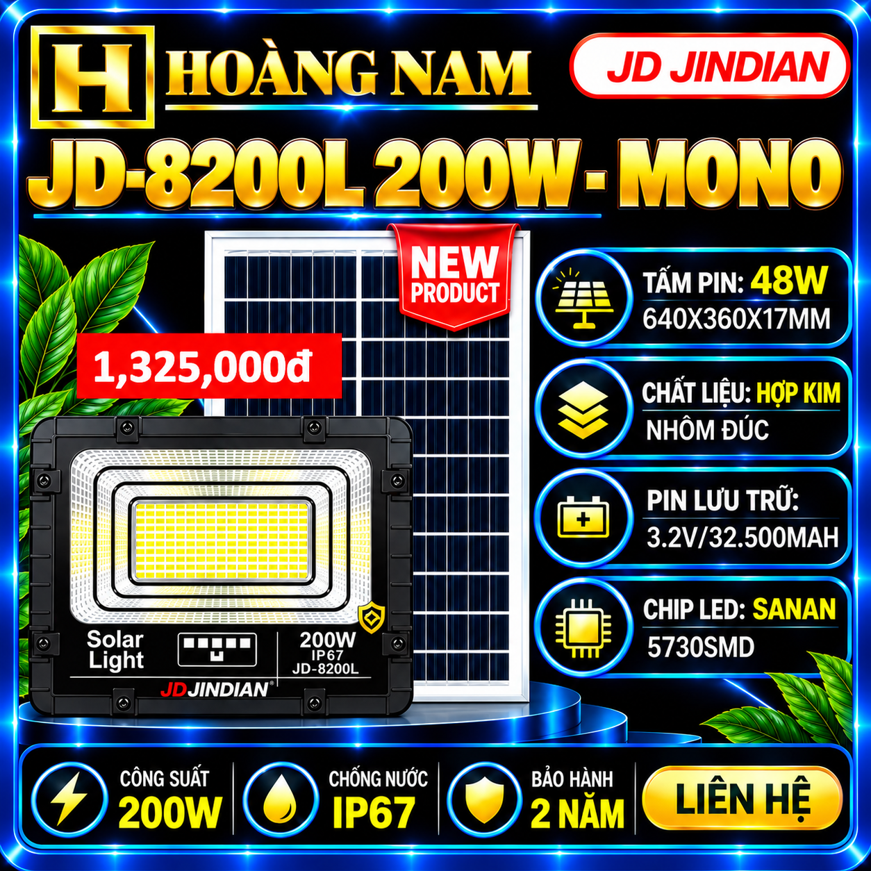 Đèn Năng Lượng Mặt Trời 200W Jindian JD-8200L Mono New 2026. HÀNG XỊN