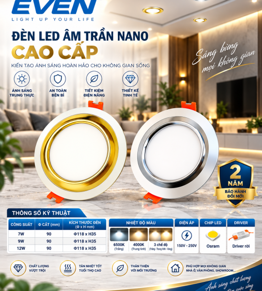HÀNG TỐT. ĐÈN ÂM TRẦN NANO CAO CẤP 7W - 9W - 12W EVEN. XEM BẢNG GIÁ