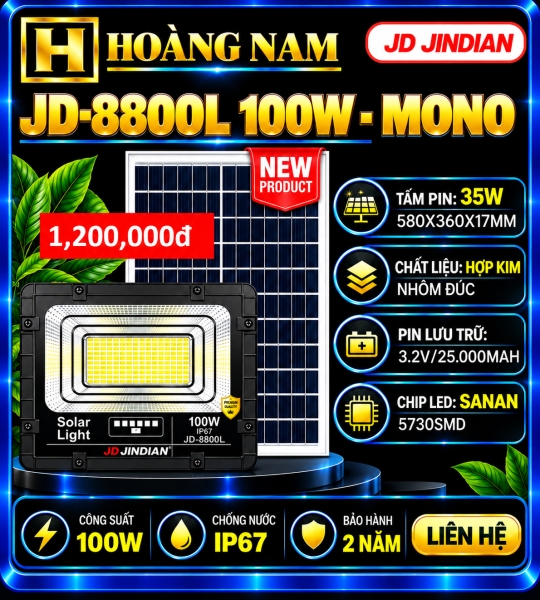 Đèn Năng Lượng Mặt Trời 100W Jindian JD-8800L All New. HÀNG XỊN