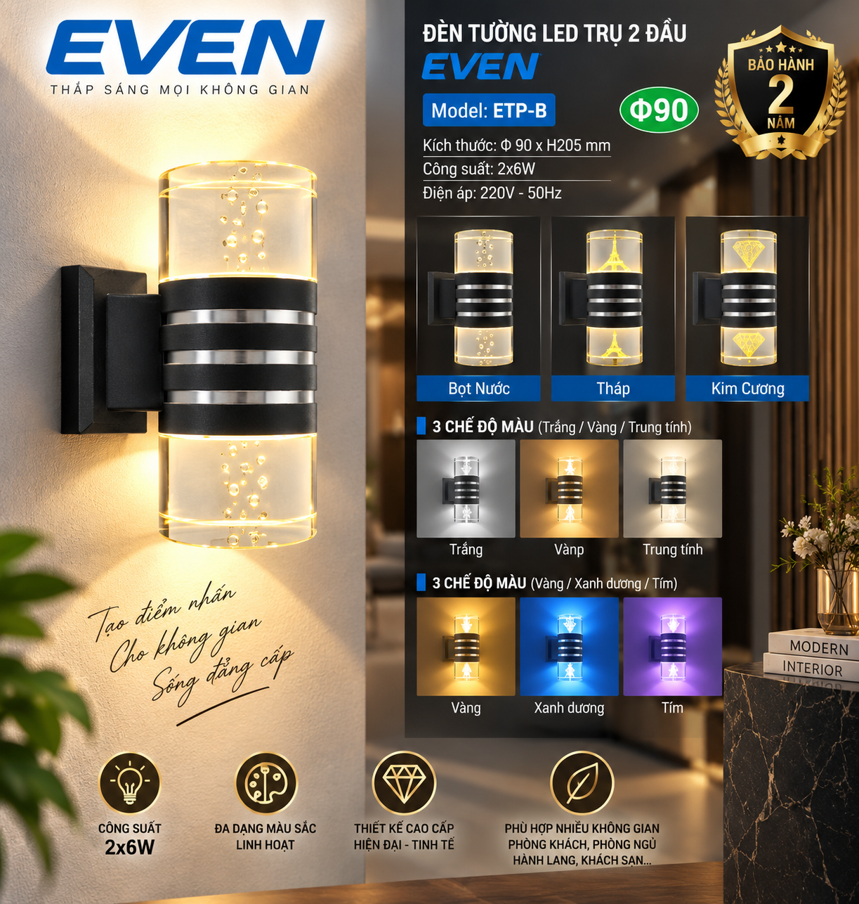 ĐÈN TƯỜNG LED  2 ĐẦU 3 CHẾ ĐỘ EVEN - VIỀN TRẮNG