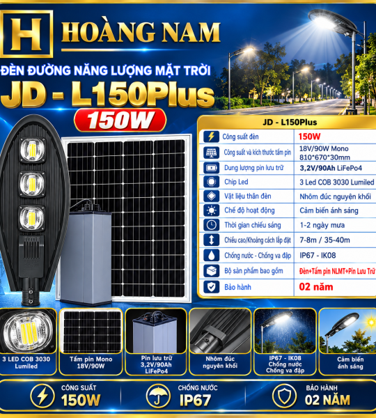 Đèn Đường Năng Lượng Mặt Trời Chuyên Công Trình 150W JD - L150PLus