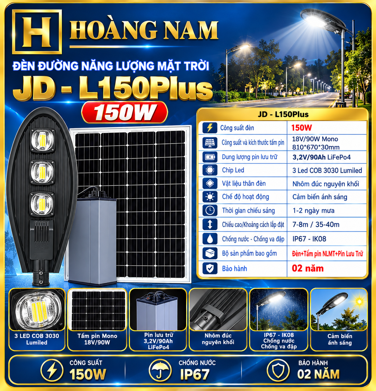 Đèn Đường Năng Lượng Mặt Trời Chuyên Công Trình 150W JD - L150PLus