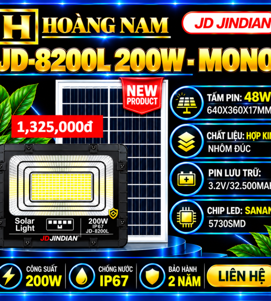 Đèn Năng Lượng Mặt Trời 200W Jindian JD-8200L Mono New 2026. HÀNG XỊN