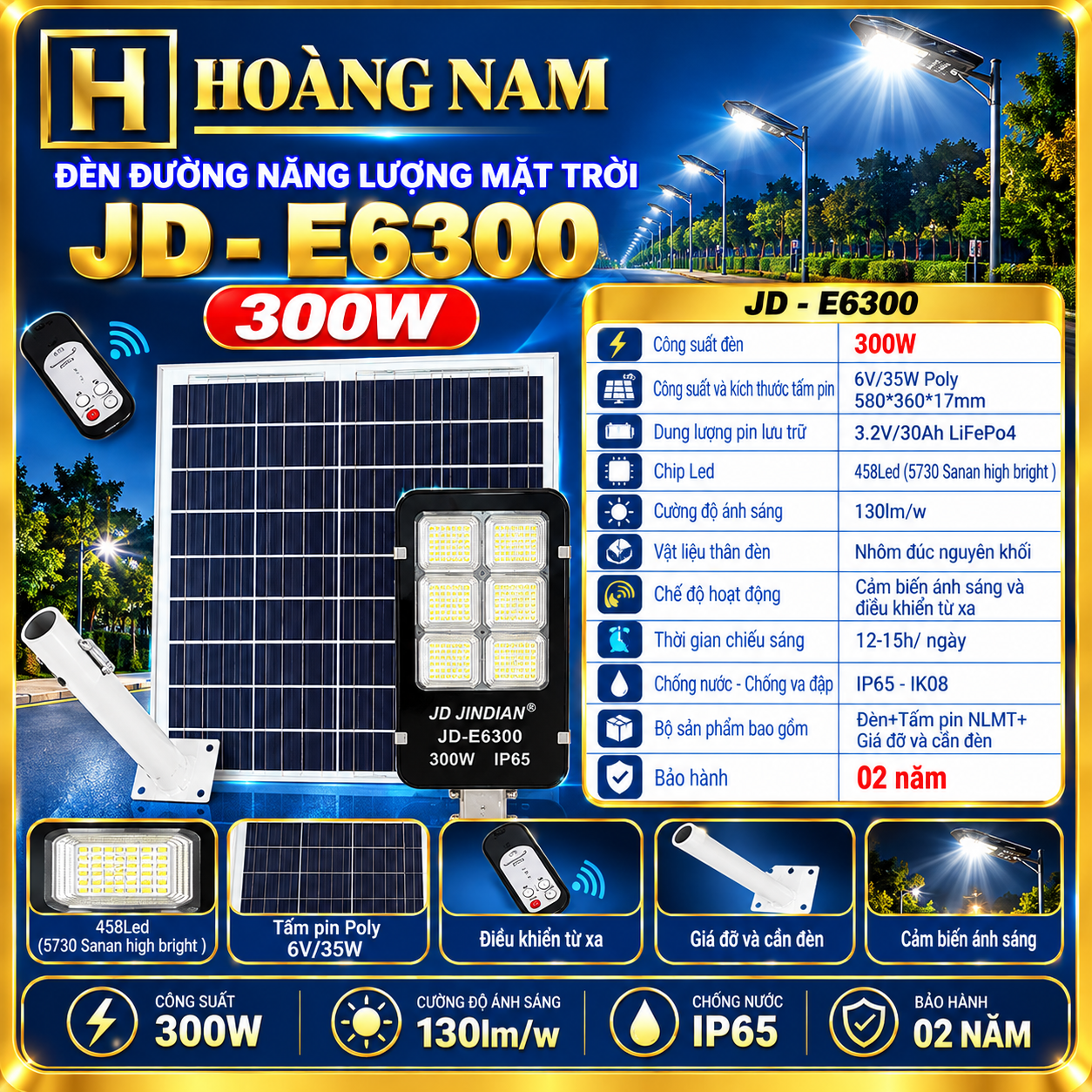 Đèn Đường Năng Lượng Mặt Trời 300W Jindian JD-E6300