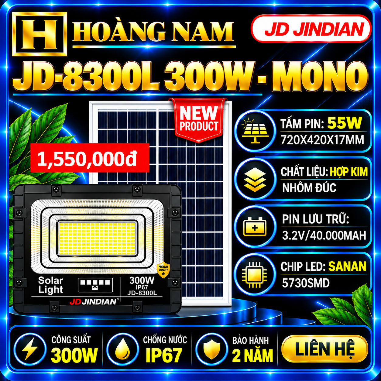 Đèn Năng Lượng Mặt Trời 300W Jindian JD-8300L Mono New 2026. HÀNG XỊN