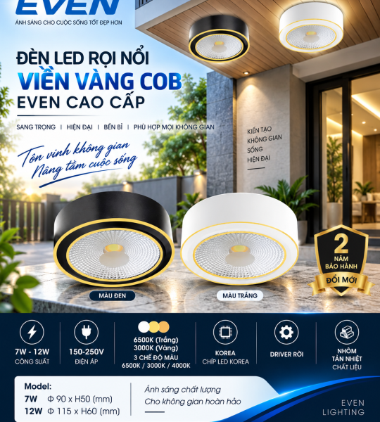 CHẤT LƯỢNG. Đèn led rọi nổi 7W & 12W Viền Vàng EVEN