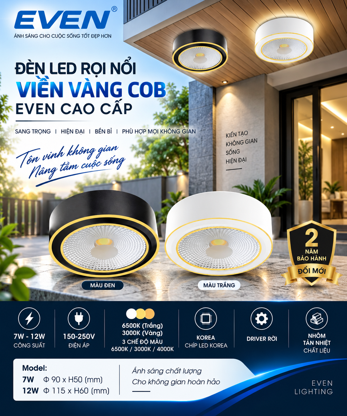 CHẤT LƯỢNG. Đèn led rọi nổi 7W & 12W Viền Vàng EVEN