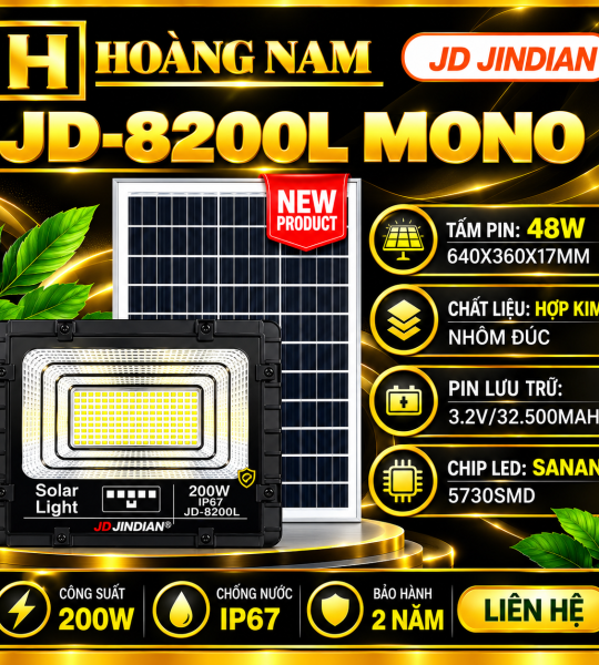 Đèn Năng Lượng Mặt Trời 200W Jindian JD-8200L Mono New 2026. HÀNG XỊN