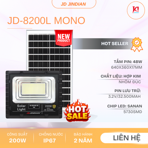 Đèn Năng Lượng Mặt Trời 200W Jindian JD-8200L Mono New 2026. HÀNG XỊN