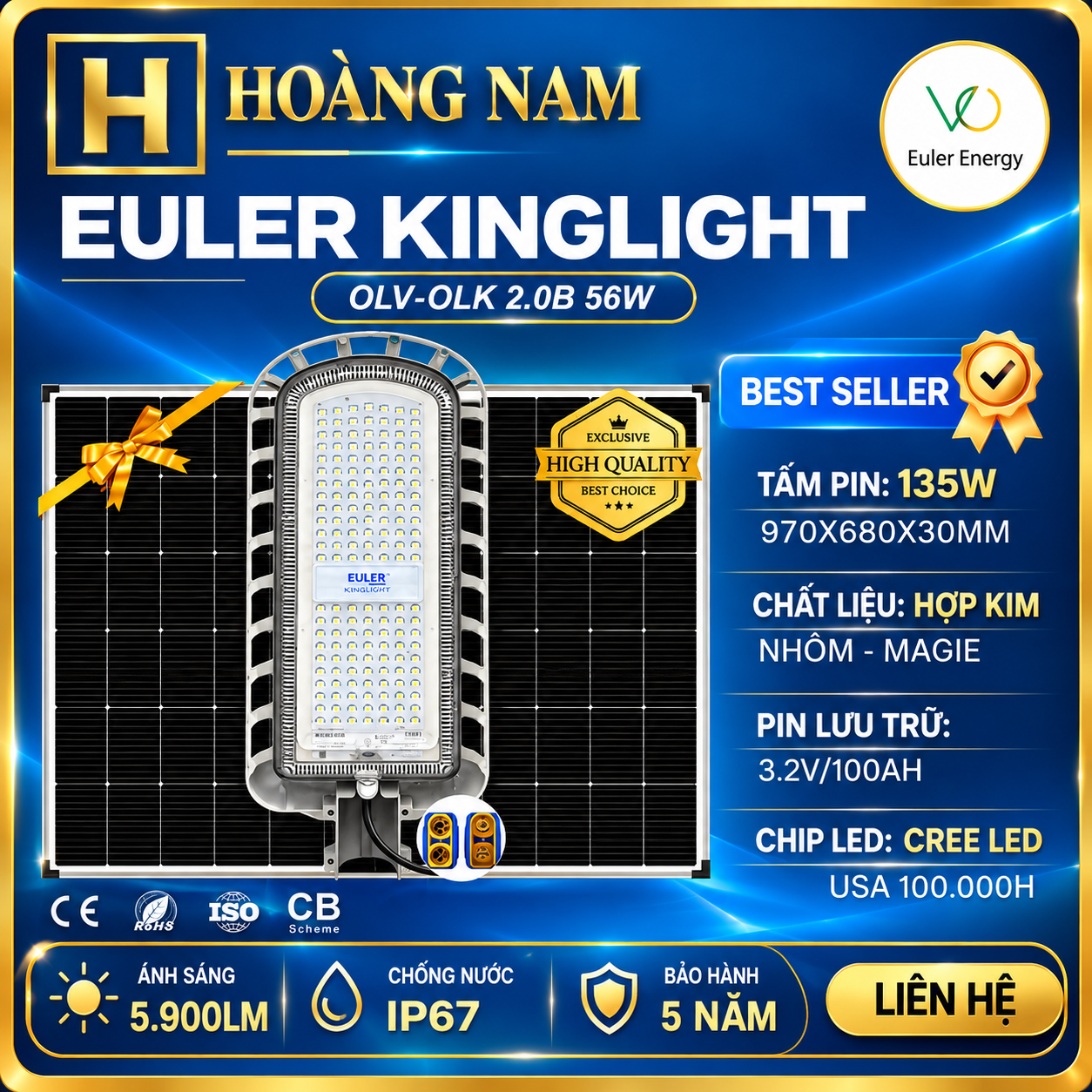 Đèn Đường Năng Lượng Mặt Trời Cao Cấp Euler King Light OLV-OLK2.0 - 56W - Bảo Hành 5 Năm