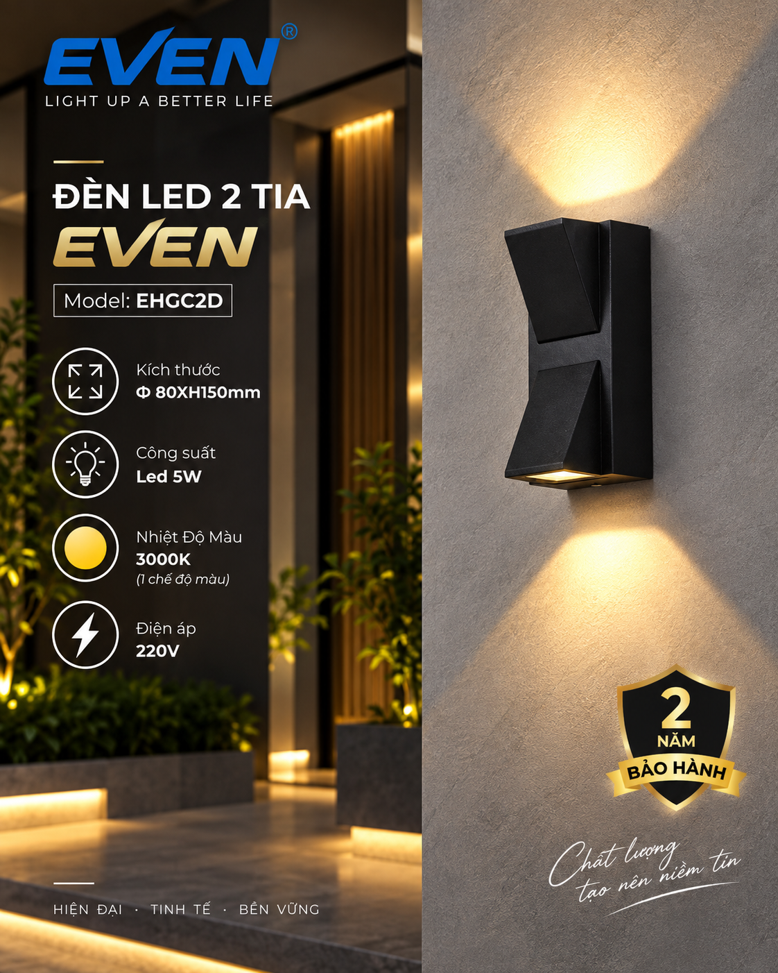 HẮT TƯỜNG 10W VỎ ĐEN EVEN. AS VÀNG XEM BẢNG GIÁ