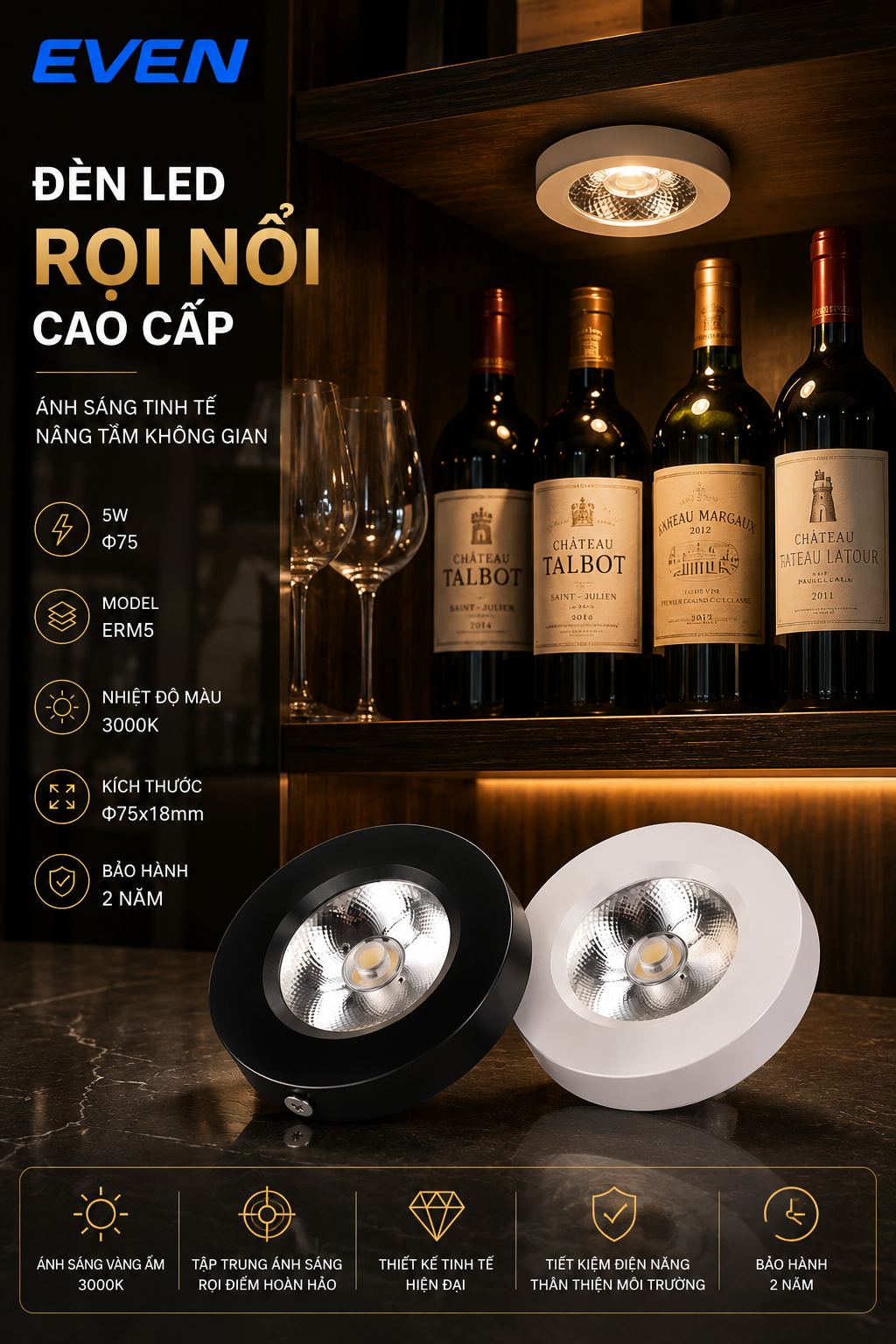 Đèn led rọi nổi 5W--phi 75mm EVEN