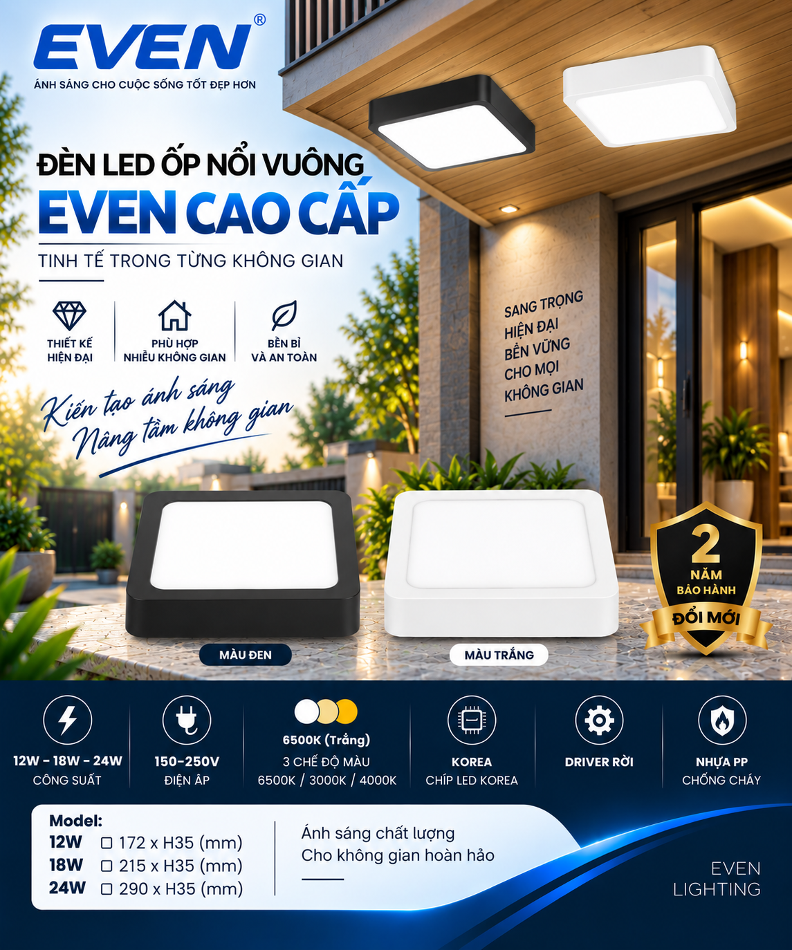 HÀNG TỐT. ỐP NỔI LED VUÔNG 12W - 18W - 24W EVEN. XEM BẢNG GIÁ