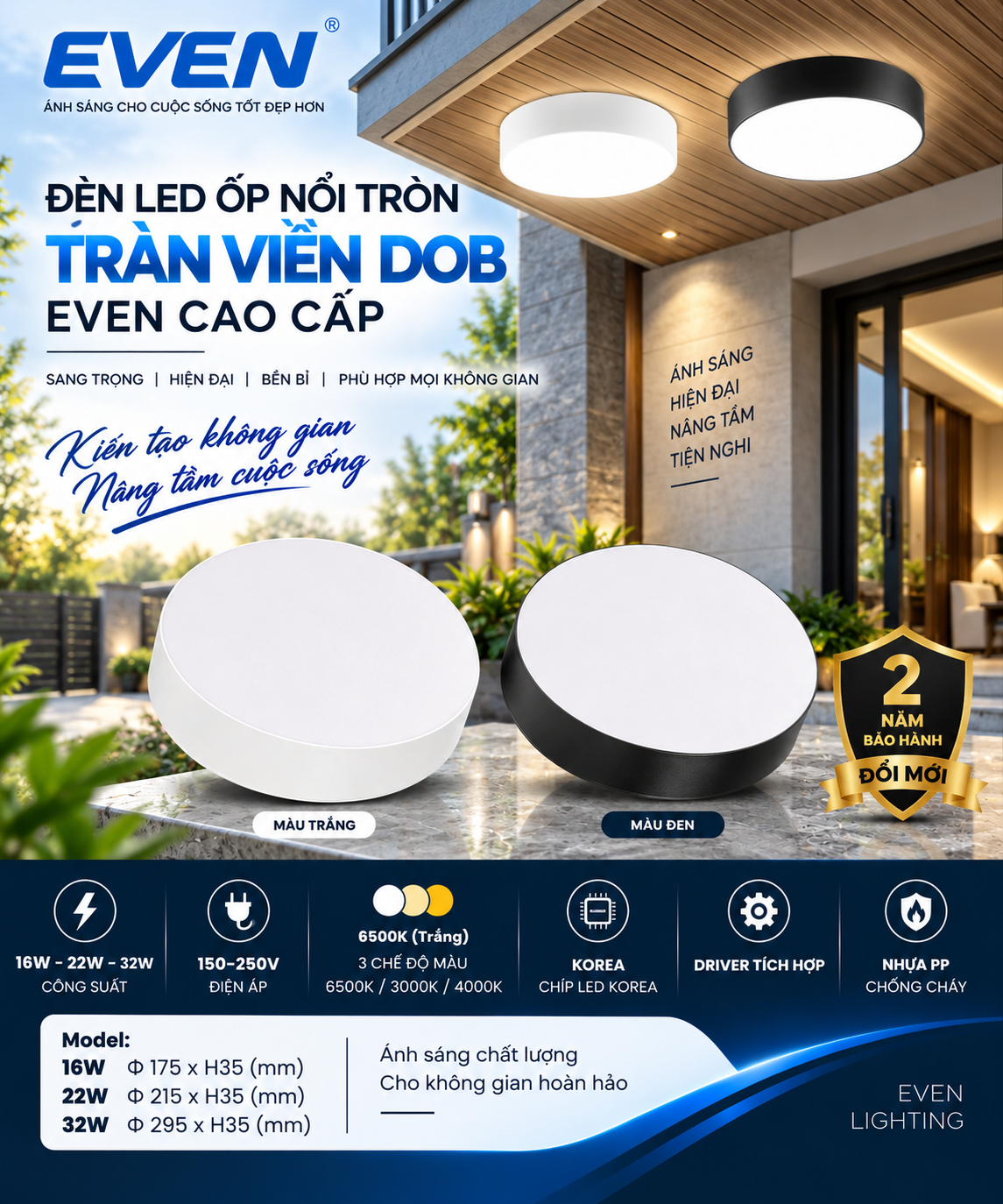 HÀNG TỐT. ỐP NỔI LED TRÒN TRÀN VIỀN 16W - 22W - 32W EVEN. XEM BẢNG GIÁ