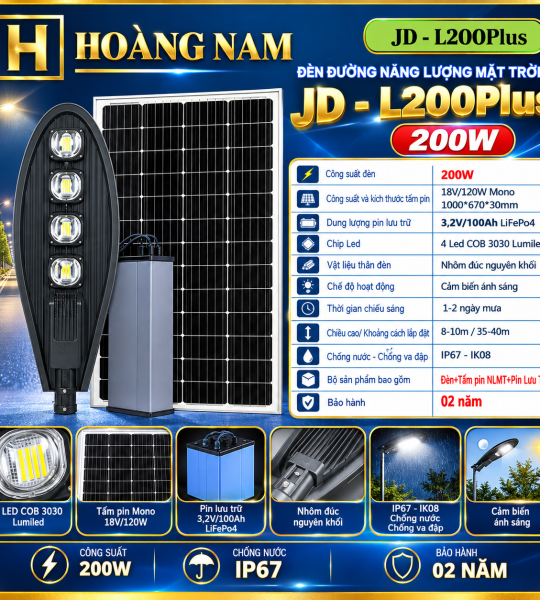 Đèn Đường Năng Lượng Mặt Trời Chuyên Công Trình 200W JD - L200PLus
