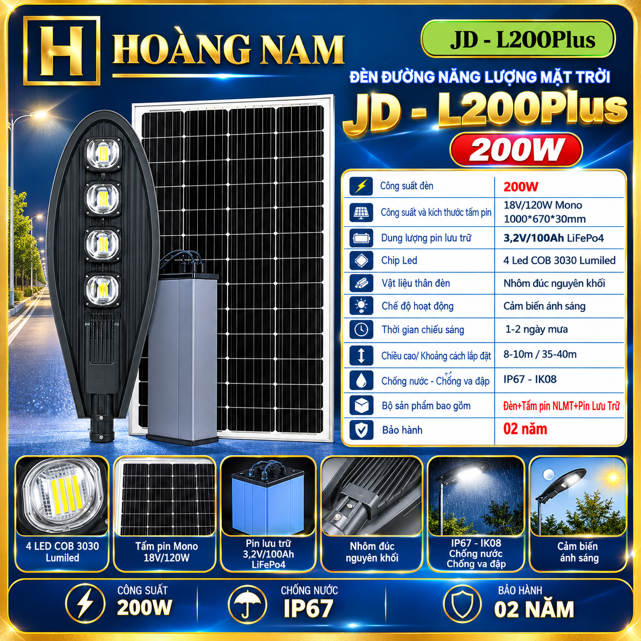 Đèn Đường Năng Lượng Mặt Trời Chuyên Công Trình 200W JD - L200PLus