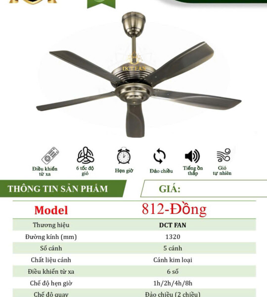 Quạt Đèn Trang Trí 5 Cánh 812 - Đồng - BH: 5 Năm