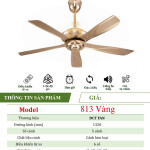 Quạt Đèn Trang Trí 5 Cánh 813 - Vàng - BH: 5 Năm