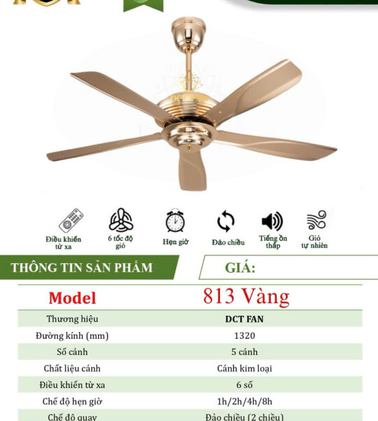 Quạt Đèn Trang Trí 5 Cánh 813 - Vàng - BH: 5 Năm