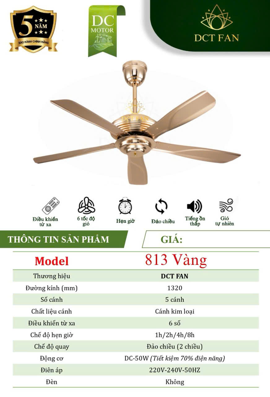 Quạt Đèn Trang Trí 5 Cánh 813 - Vàng - BH: 5 Năm