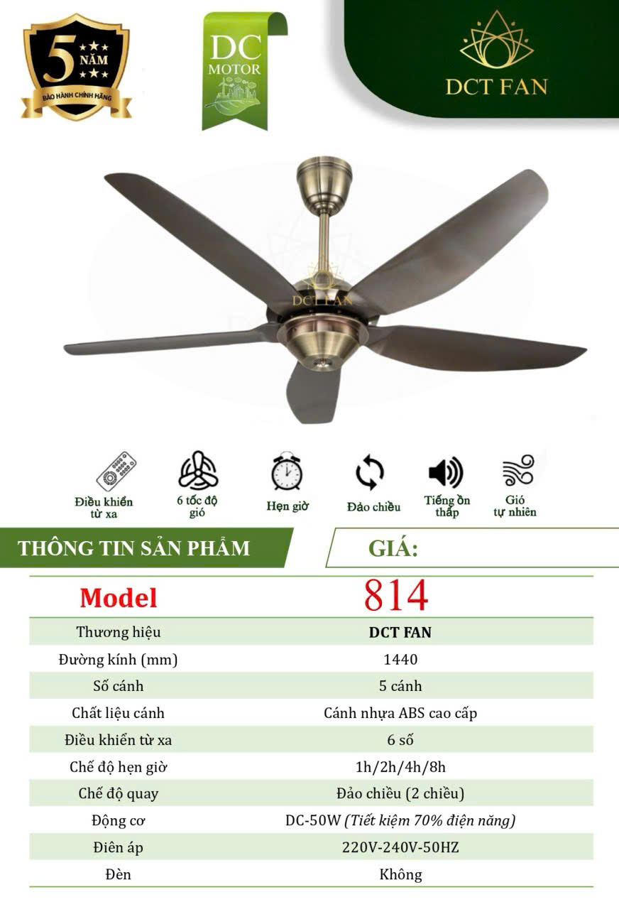 Quạt Đèn Trang Trí 5 Cánh 814 - BH: 5 Năm