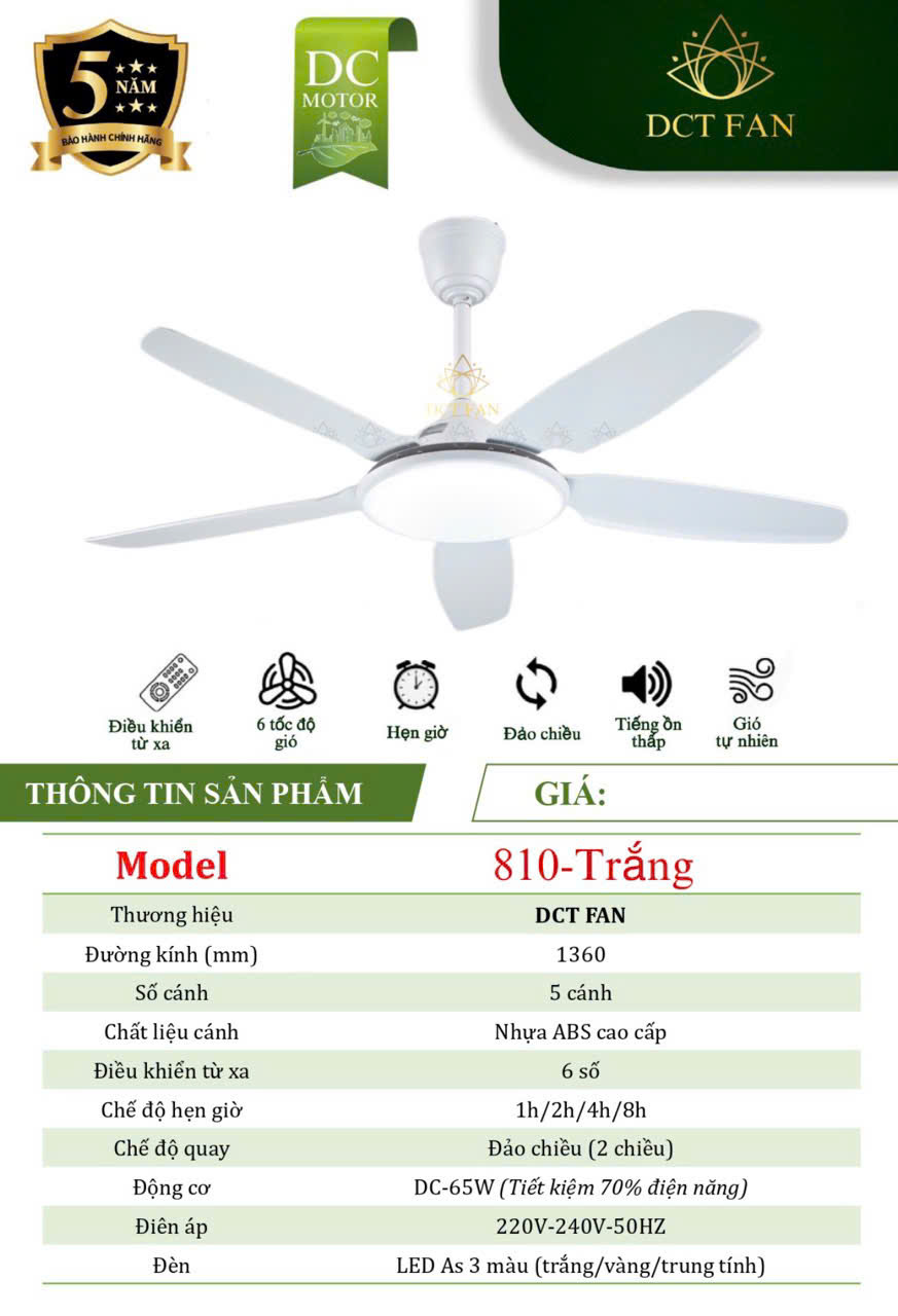 Quạt Đèn Trang Trí 5 Cánh - Trắng - BH 5 Năm