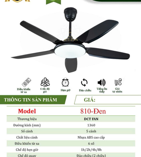 Quạt Đèn Trang Trí 5 Cánh - Đen - BH 5 Năm