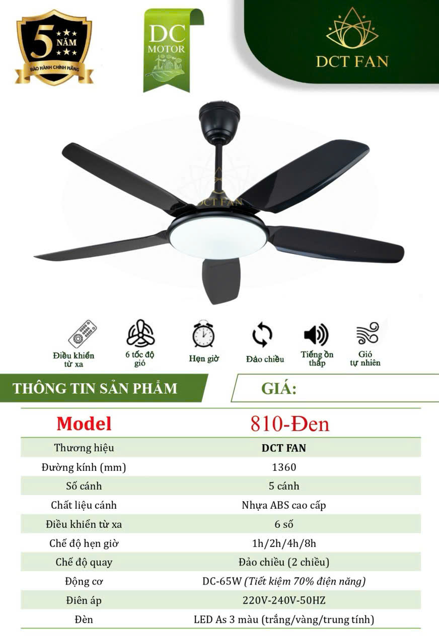 Quạt Đèn Trang Trí 5 Cánh - Đen - BH 5 Năm