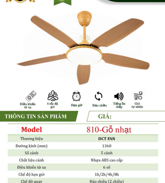 Quạt Đèn Trang Trí 5 cánh - Gổ Nhạt- BH: 5 năm