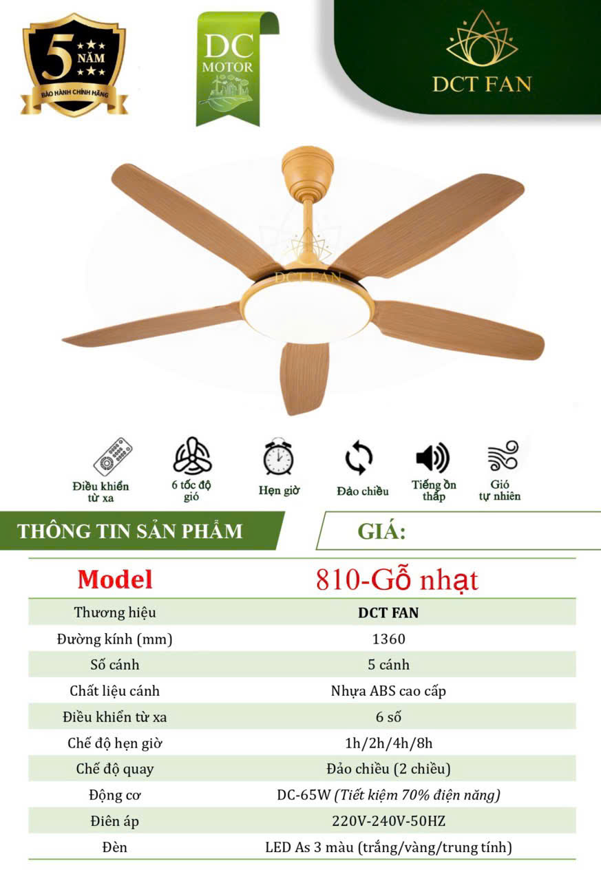 Quạt Đèn Trang Trí 5 cánh - Gổ Nhạt- BH: 5 năm