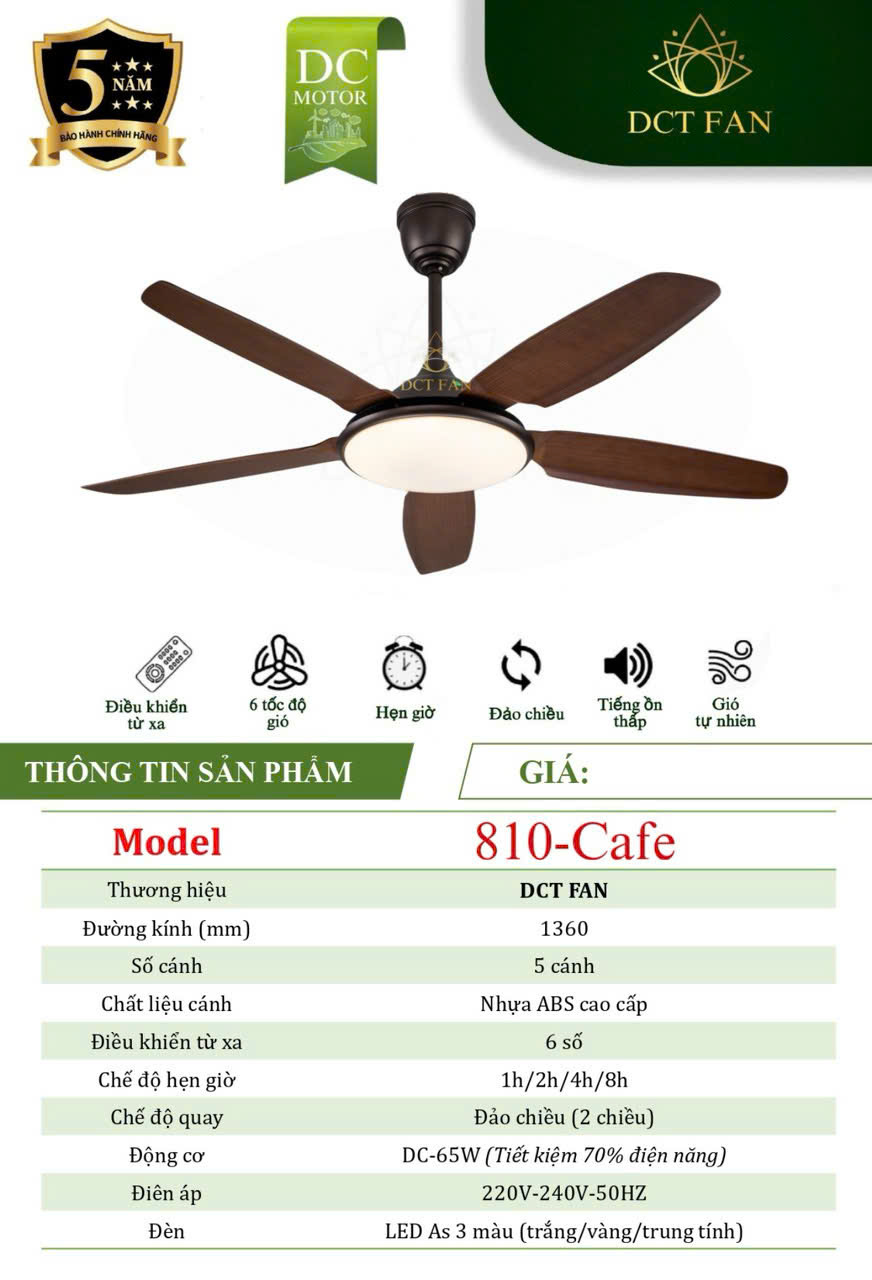 Quạt Đèn Trang Trí 5 cánh - Cafe - BH: 5 năm