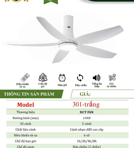 Quạt Đèn Trang Trí 5 Cánh 301 - Trắng - BH: 5 Năm
