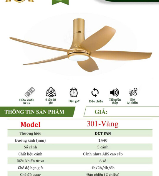 Quạt Đèn Trang Trí 5 Cánh 301 - Vàng - BH: 5 Năm