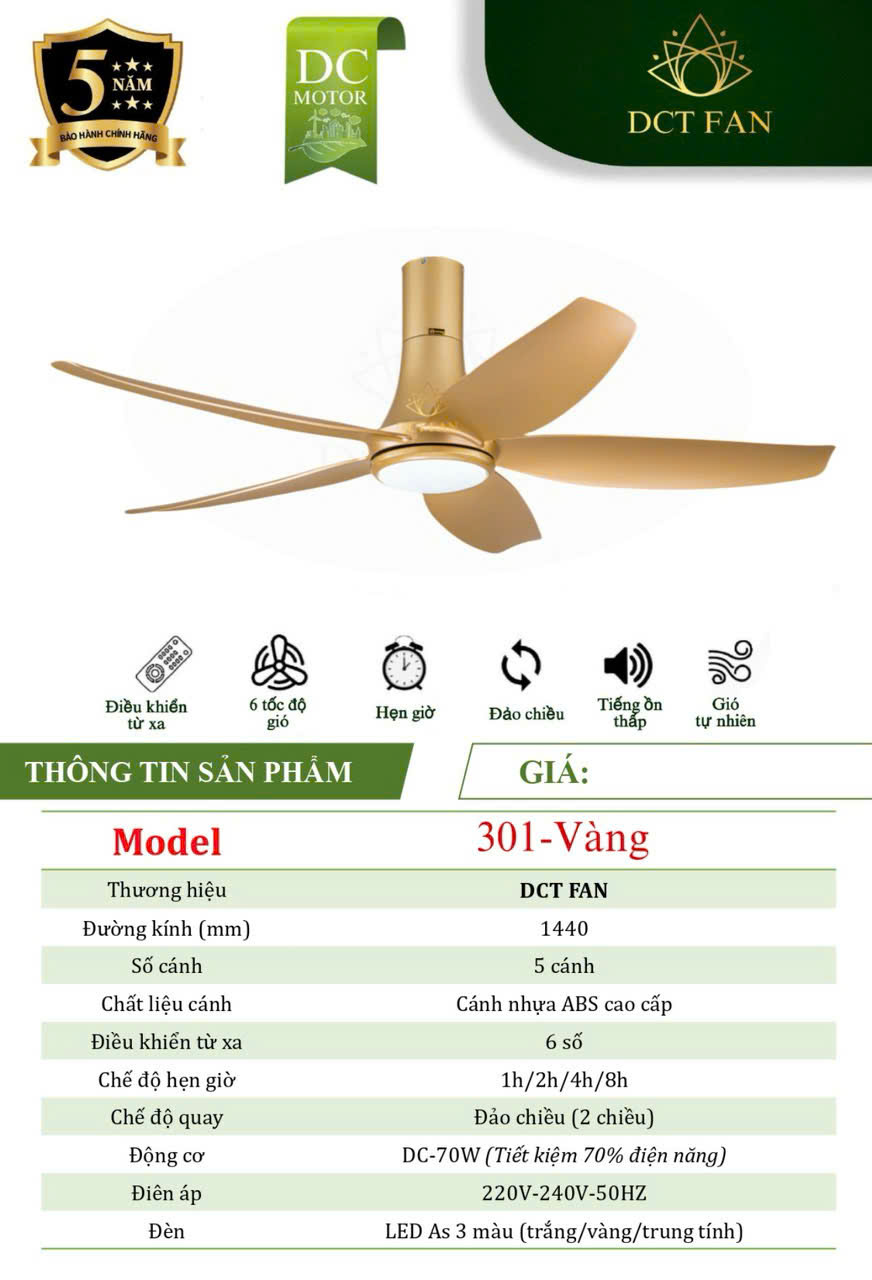 Quạt Đèn Trang Trí 5 Cánh 301 - Vàng - BH: 5 Năm