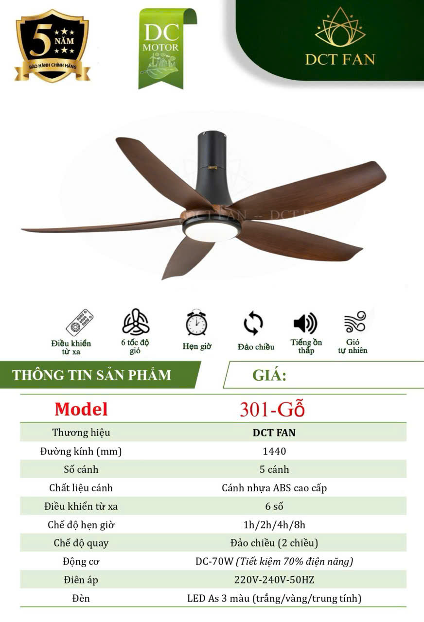 Quạt Đèn Trang Trí 5 Cánh 301 - Cafe - BH: 5 Năm