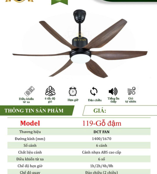 Quạt Đèn Trang Trí 6 cánh - Gổ đậm - BH: 5 năm