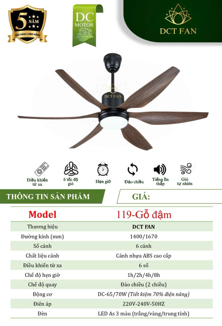 Quạt Đèn Trang Trí 6 cánh - Gổ đậm - BH: 5 năm