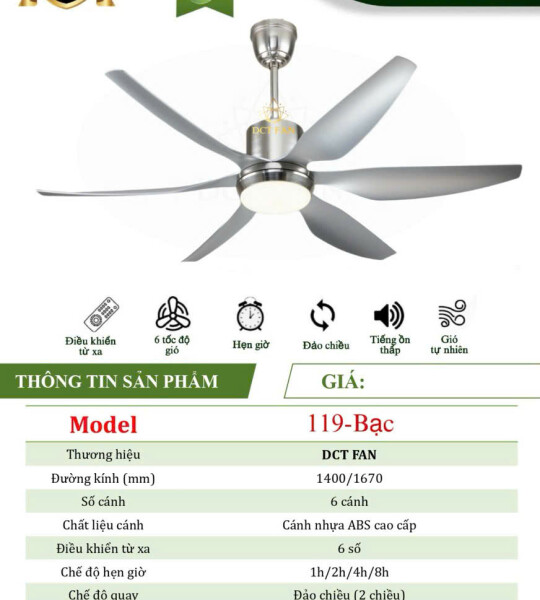 Quạt Đèn Trang Trí 6 cánh - Bạc - BH 5 năm