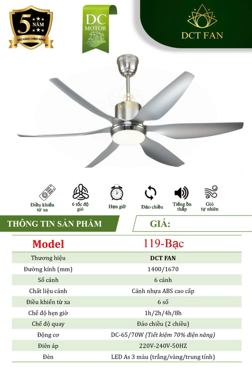 Quạt Đèn Trang Trí 6 cánh - Bạc - BH 5 năm
