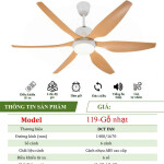 Quạt Đèn Trang Trí 6 cánh - Gổ Nhạt - BH 5 năm