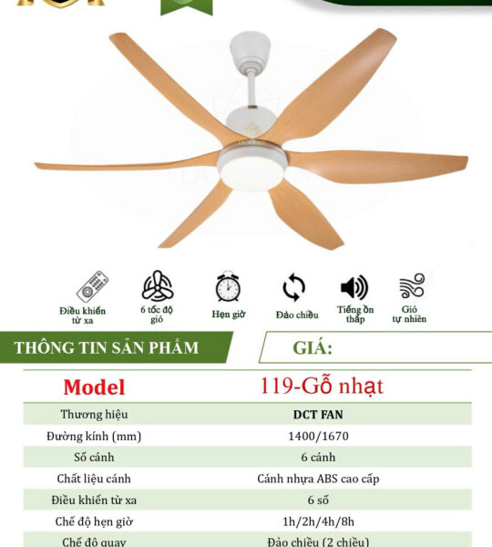 Quạt Đèn Trang Trí 6 cánh - Gổ Nhạt - BH 5 năm