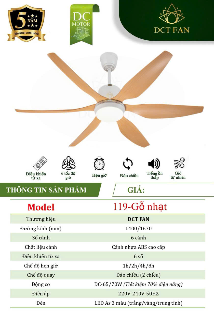 Quạt Đèn Trang Trí 6 cánh - Gổ Nhạt - BH 5 năm