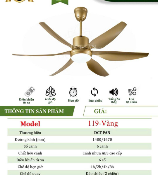 Quạt Đèn Trang Trí 6 cánh - Vàng - BH 5 năm