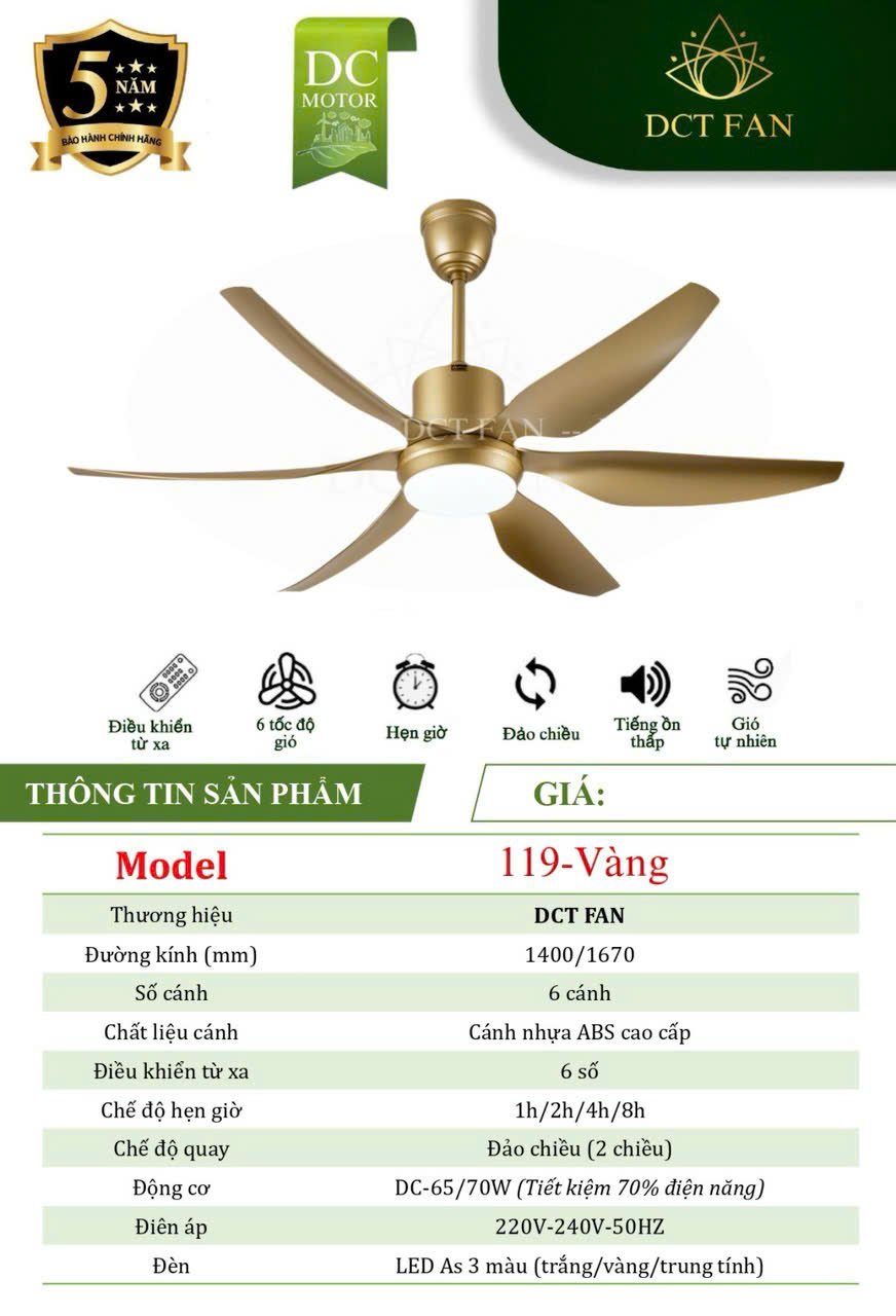 Quạt Đèn Trang Trí 6 cánh - Vàng - BH 5 năm
